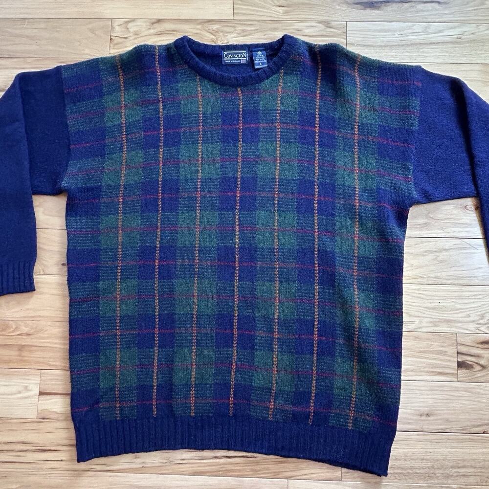 Vtg Wool Sweater L Preppy‎ Collegiate Blue Plaid Lightweight England Grandpa